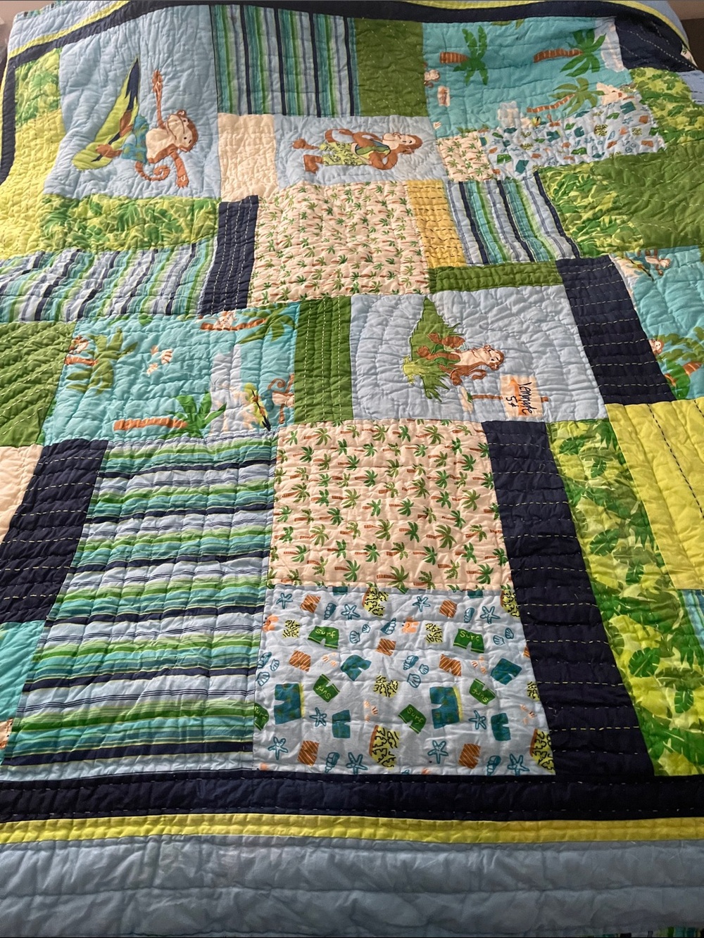 Tropical Patchwork Cotton Quilt - Blue & Green